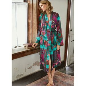 Peruvian Connection Plum Blossom Turquoise Patchwork Artisan Boho Robe Sz S